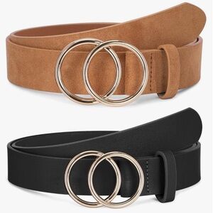 2 Pack Women Faux Leather Belt with Double O-Ring Buckle - 47”